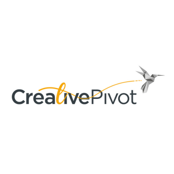 Creative Pivot logo with stylised text and an origami-style hummingbird flying from the letter “v” in “Creative.”